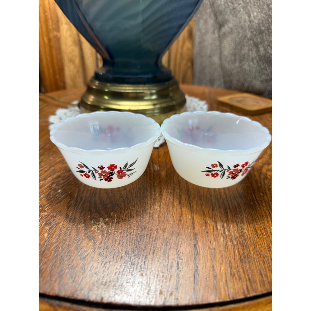 Vintage Fire-King Primrose Milk Glass Custard Bowls 6oz Scalloped Set of 2